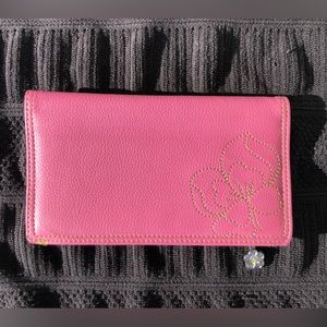 Pink Floral Accented Pebble Leather Slim Bifold Wallet